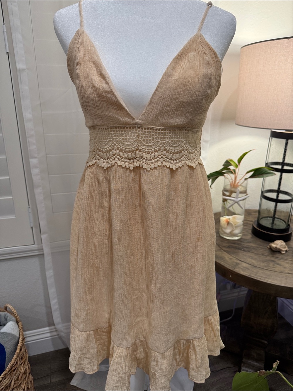Yellow Crochet Waist Spaghetti Strap Dress